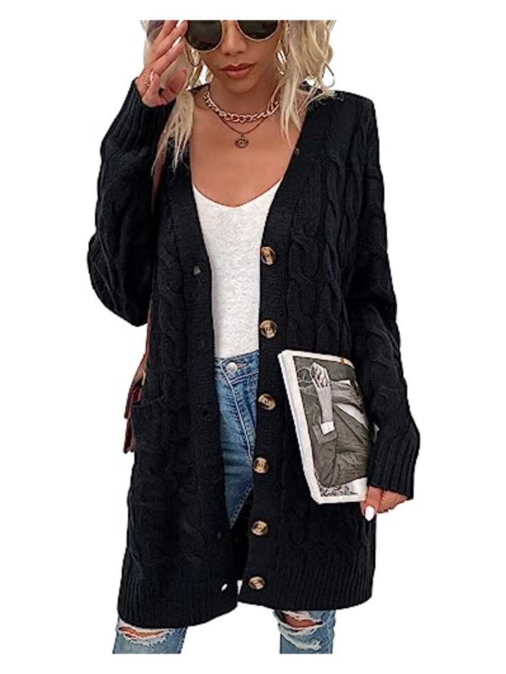 Womens Long Sleeve Cable Knit Cardigan Button Front Loose Sweater with Pockets